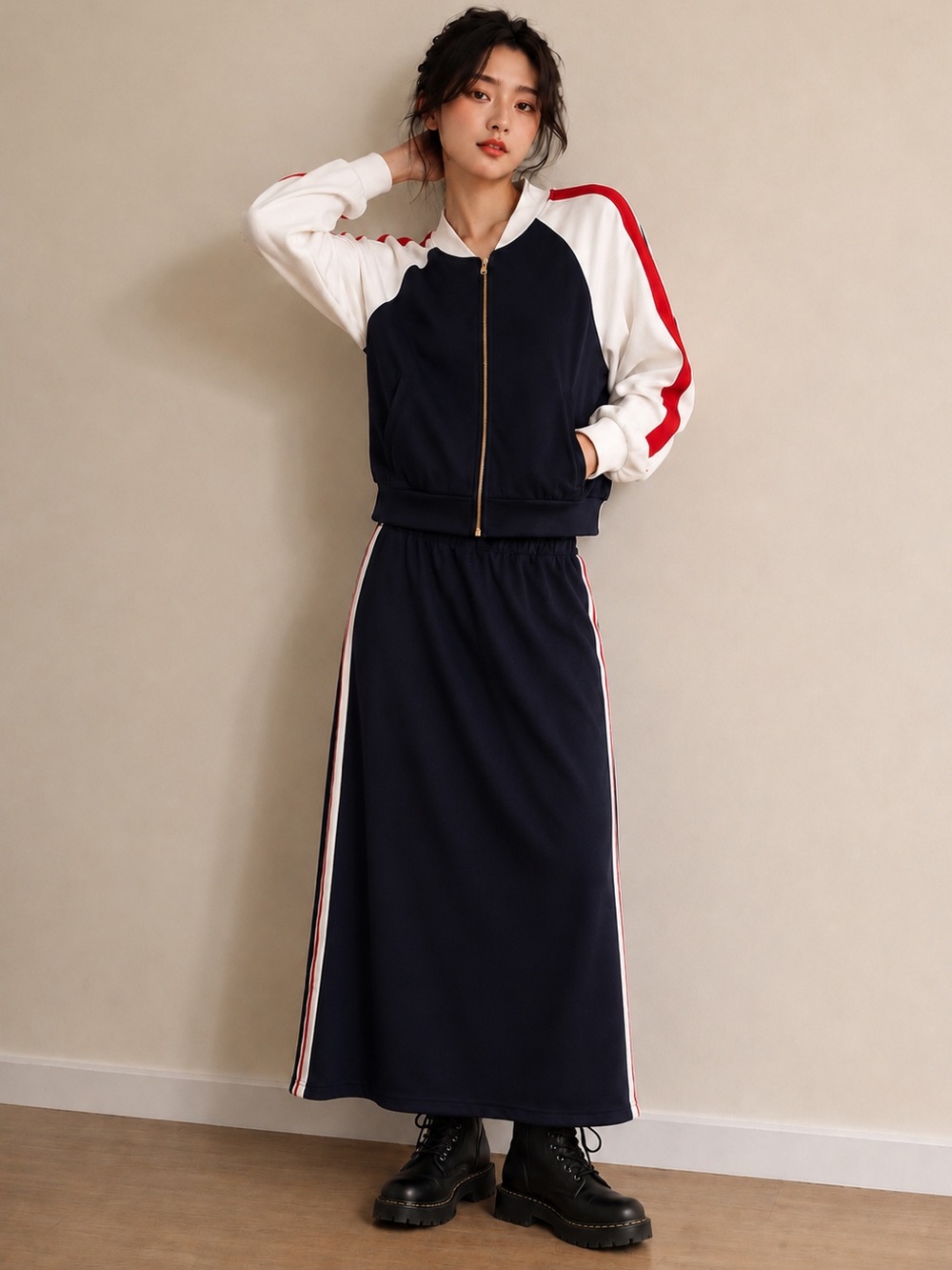 Aleeza Paris Two-Piece Track Jacket & Maxi Skirt with Red and White Stripes